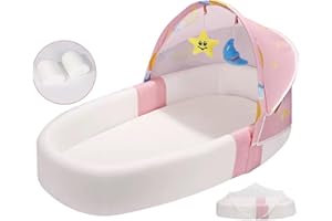 Gresource Portable Baby Lounger, Baby Nest Travel Bassinet for Newborn, Infant and Toddler, Foldable Washable Baby Nest with Mosquito Net and Sunshade (Pink)