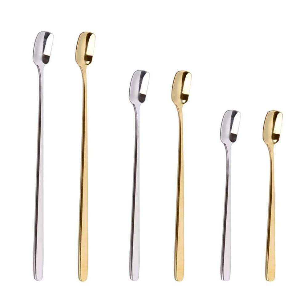 YKKJ Set of 6 Long Handled Coffee Spoons, Dessert Spoons, Stirring Spoons Set, Three Sizes Stainless Steel Spoons for Coffee, Sugar, Dessert, Ice, Soup, Mocha Spoons (Golden & Silver) Dessert Spoons