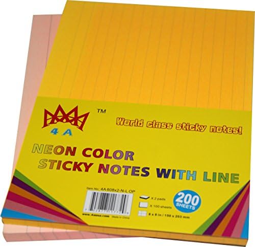4A Sticky Notes,6 x 8 Inches,Large Size,Neon Orange&Pink,Lined,Self-Stick Notes,100 Sheets/Pad,2 Pads/Pack,4A 608 x2-N-L-OP