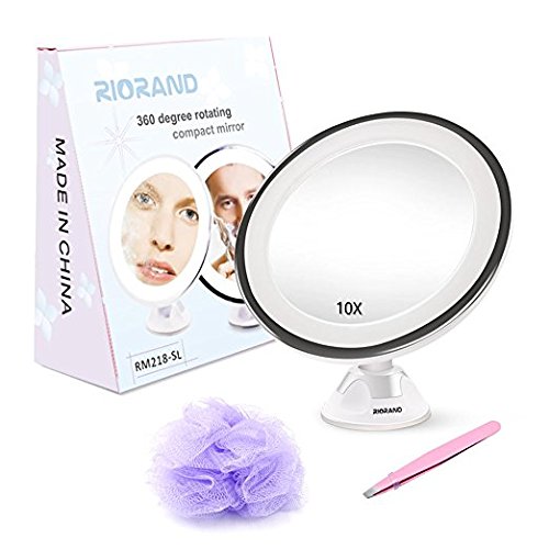 10x Magnifying Vanity Mirror LED Lighted Cosmetic Makeup Shower Mirror with Locking Suction Cup，360 Degree Swivel Rotation，Ideal for Bedroom Bathroom Travel