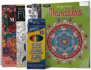 Coloring Books for Adults to unwind, unplug, and relax with 5 different books: Mandalas, Floral, Stained Glass, and Henna designs also includes 10 count colored pencils