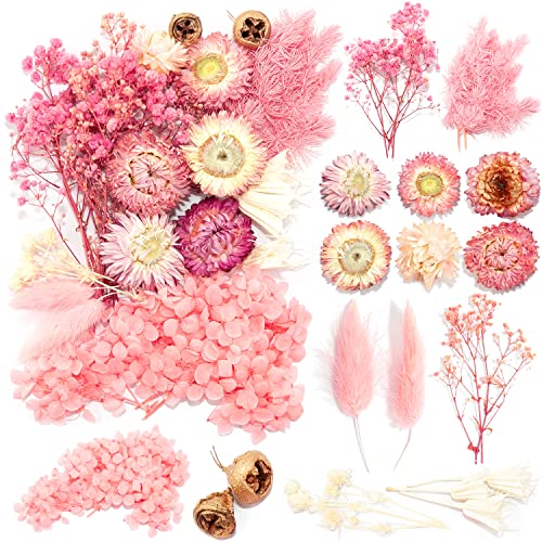 iDattel Natural Dried Flowers - Mixed DIY Set for Arts & Crafts, Resin, Scrapbooking, Card Making (Pink White)