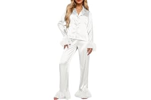 Christmas Silk Satin Pajamas for Women 2 Pc Feather Trim Long Sleeve Button Down Shirt Lounge Pants Xmas Bridal Pajama Pocket