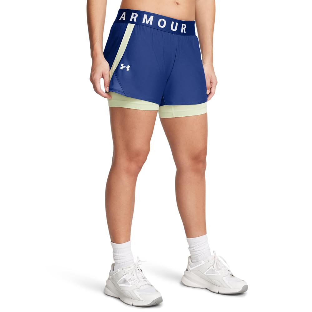 Under Armour Women's Play Up 2-in-1 Shorts, (432) Tech Blue/Retro Green/White, X-Small Image Under Armour Women's Play Up 2-in-1 Shorts, (432) Tech Blue/Retro Green/White, X-Small Image