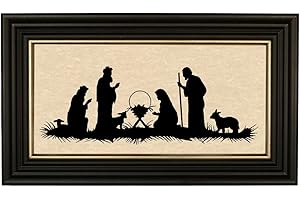 Schooner Bay Co. Christmas Nativity Framed Paper Cut Silhouette in Black Wood Frame with Gold Trim 7" x 12" Framed Holiday Wall Art Decor