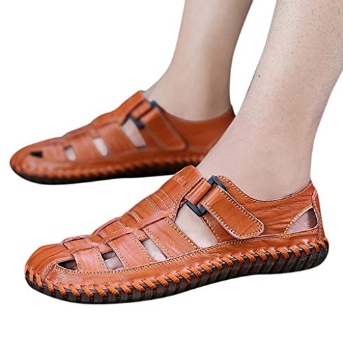 Yomiafy Men's Closed Toe Sandals Outdoor Leather Fisherman Shoes Casual Beach Sandals(Brown,US:11)