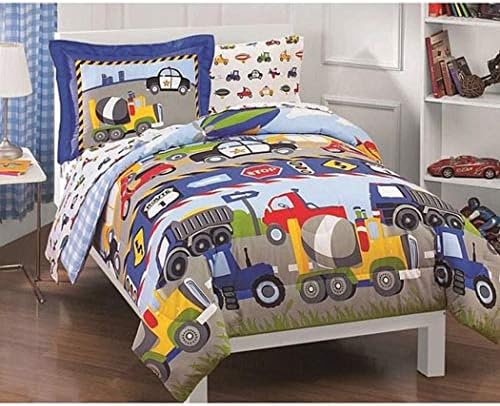 Trendy Home Concepts Trains and Construction Trucks Twin Size Comforter Bed in a Bag Kids Bedding Childrens Bedding Comforters