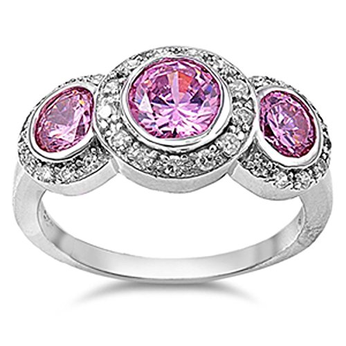 Sterling Silver Women's Flawless Pink Cubic Zirconia Triple Circle Wedding Ring (Sizes 5-12) (Ring Size 12)