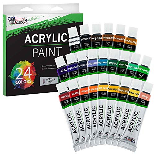 U.S. Art Supply Professional 24 Color Set of Acrylic Paint in 12ml Tubes - Rich Vivid Colors for Artists, Students, Beginners - Canvas Portrait Paintings - Bonus Color Mixing Wheel