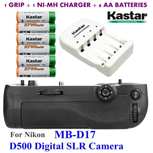 Kastar Pro Multi-Power Vertical Battery Grip (Replacement for MB-D17) + 6x AA NI-MH Batteries(2700mAh) + NI-MH Charger for Nikon D500 Digital SLR Camera