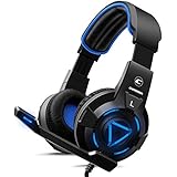 CH-1 Gaming Headset for Playstation 4,PC,Pro Noise-canceling Microphone, Stereo Surround Sound, Best Game Background Sound Headphones for PS4,PS3, MacBook, LED Lights -Blue