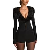 Xoehigc Womens Sexy Black Jumpsuit Faux Fur Collar Rompers Deep V Neck Long Sleeve Corset Jumpsuit Date Night Club Outfits