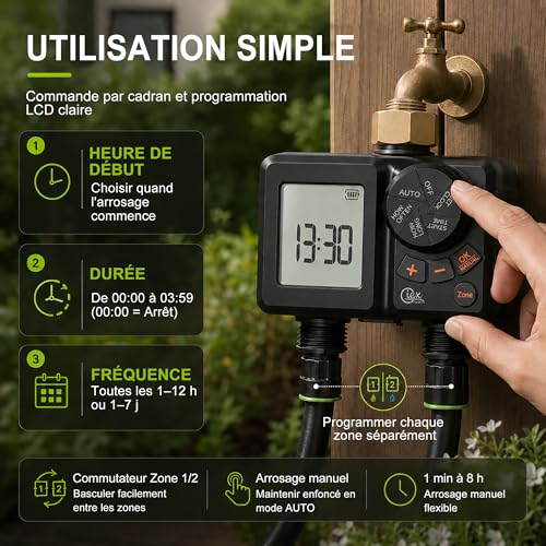 GIEX Programmateur d’arrosage rechargeable 2 zones, minuteur d’eau programmable à 2 sorties avec entrée en laiton, batterie intégrée, retard pluie et arrosage manuel