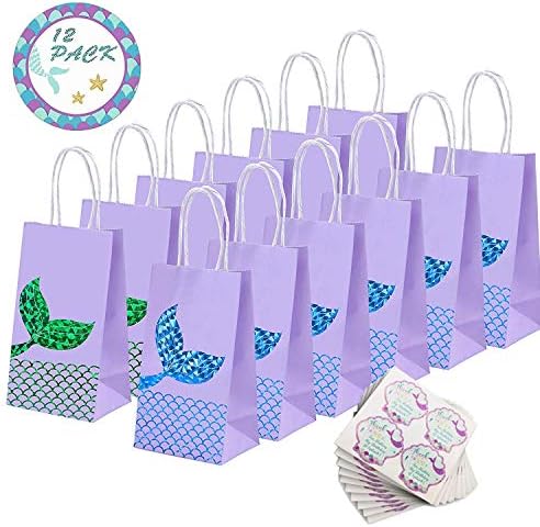 caicainiu 12 Packs Mermaid Paper Bags and 40 Pcs Mermaid Party Stickers Mermaid Party Gift Bags Stickers Glitter Treat Bags for Kids , Mermaid Themed Party Supplies