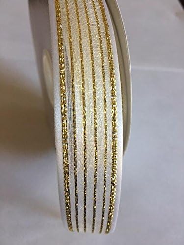 Wedding Gift Wrapping Ribbon Organza with Satin Edge with 6 GD lines , 7/8"x 25 yd (White with Gold)