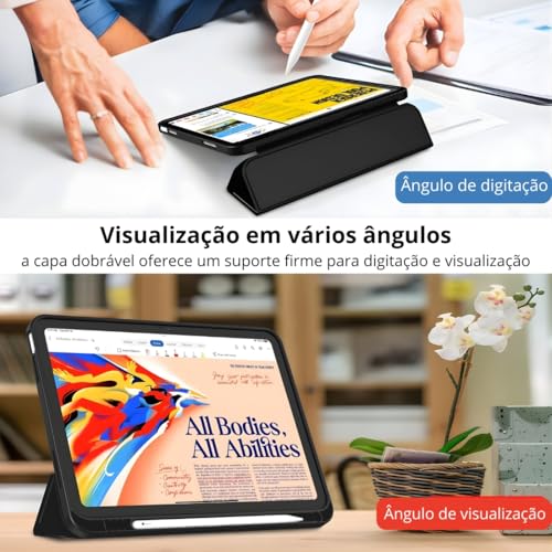 Capa para iPad 9ª/8ª/7ª Geração 10,2” (2021/2020/2019) – Case Slim Magnética com Despertar Automático, Suporte Ajustável e Porta Pencil (Preto)