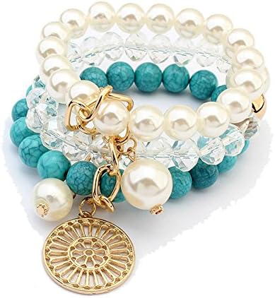 Sunvy Multi Strand Pearl Stackable Bracelets Quartz Pearl Healing Crystal Gemstone Beads Stretch Bracelet Necklace Charm (Blue)