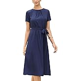 Allegra K Work Dresses for Women Summer Short Sleeve Crew Neck A Line Flowy Business Casual Dress with Belt