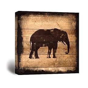 Square Elephant Silhouette on Rustic Wood Board Texture Background