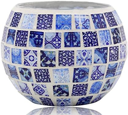 Vintage Oriental Chinese Blue and White Votive Tea Light Candle Holder Glass Mosaic Candle Holder for Home Décor Restaurant Wedding Party Romance Gift Idea (Oriental Classic) by Mona Vista