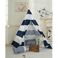 DalosDream 100% Cotton Canvas Indoor Playhouse Toy Teepee Play Tent for Kids Toddlers with Mat Floor and Carry Bag-Navy Striped