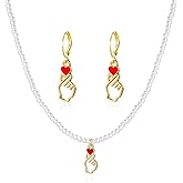 MALOYANVE Valentine's Day Pearl Necklace Earring Set for Women Heart Bow Lips Rose Pendant Necklace Hoop Earrings Wedding Birthday Valentine Christmas Day Gifts