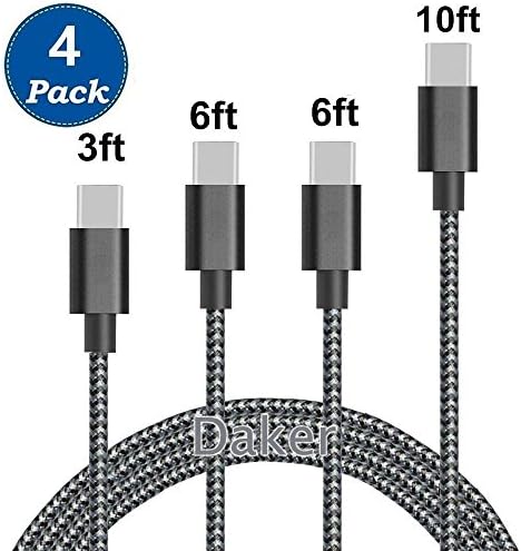 USB Type C Cable, Daker 4Pack 3FT 6FT 6FT 10FT Premium Nylon Braided USB A to USB C Charger Cable Fast Charging Cord for Samsung Galaxy S8 Plus, LG G5 G6 V30, HTC 10, Google Pixel XL (Black White)