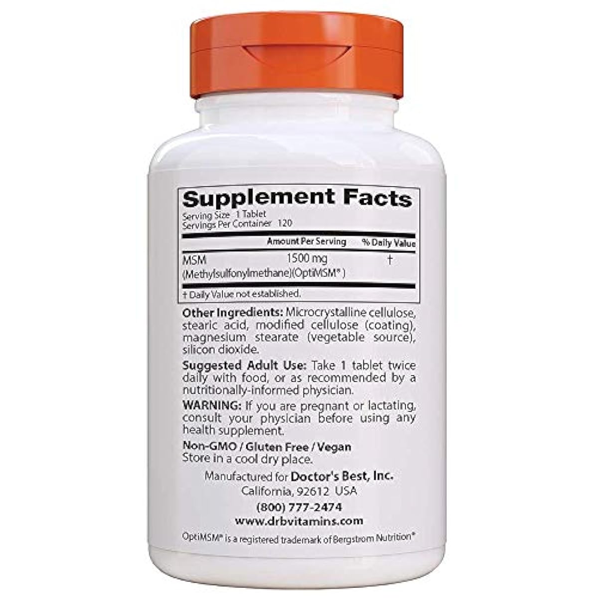 Doctor's Best MSM with OptiMSM, NonGMO, Gluten Free, Joint Support, 1500 mg, 12 753950000971 eBay