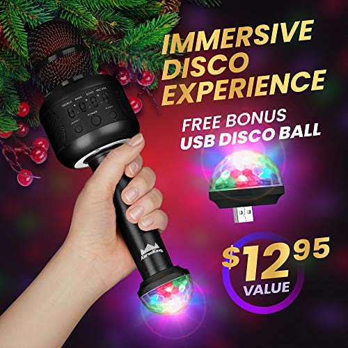 Wireless Bluetooth Karaoke Microphone - Portable KTV Karaoke Machine with Speaker + FREE USB Disco Ball Light & Phone Holder Perfect for Pop, Rock n' Roll Parties, Solo Parties & More (E106 DarkBlack)