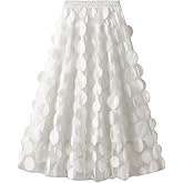 Women Tulle Midi Skirt High Elastic Waist 3D Polka Dot Mesh Skirt A-Line Layered Bubble Skirt Graduation Dress
