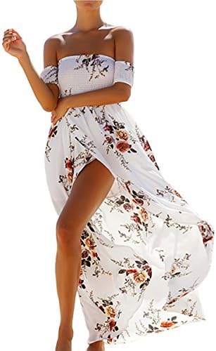 Chuangxiangt Women's Summer Sexy Off-Shoulder Split Floral Beach Long Maxi Dress, White, X-Large
