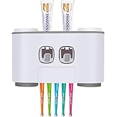 Toothbrush Holder Multifunctional Wall Mounted Toothbrush and Toothpaste Squeezer Kit with 2 Toothpaste Dispenser, 5 Toothbrush Slots, 4 Cups and 1 Storage Compartment Organizer for Bathroom