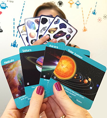 QURIOUS SPACE - 4 fast & fun STEM space card games! Explore, Match, Quiz & Spin throughout the Universe! 90 double-sided, full color play cards. Ages 3+