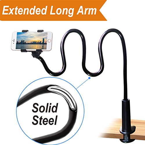 Cell Phone Clip on Stand Holder - with Grip Flexible Long Arm Gooseneck Bracket Mount Clamp for iPhone X/8/7/6/6s Plus Samsung S8/S7, used for bed, desktop