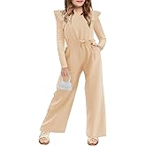 Haloumoning Girls Jumpsuit Kids Fashion Ruffle Long Sleeve Belted Wide Leg Romper One Piece Fall Outfits 5-14 Years