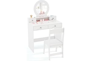 HONEY JOY Kids Vanity, Little Girls Vanity Set with Mirror and Stool, Drawers, Toddler Makeup Vanity Dressing Table, Wooden Pretend Play Kids Vanity Table and Chair Set (White)