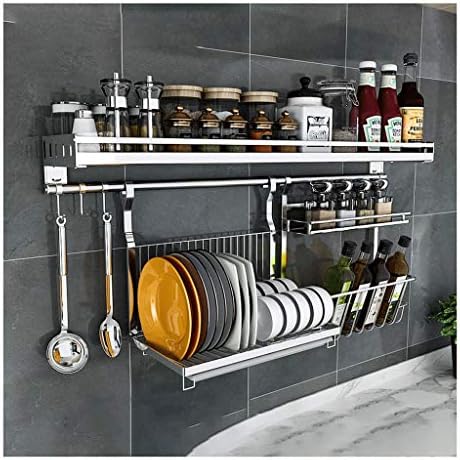 Kitchen Shelves Wall Mounted Storage Spice Shelf Wall Mounted with Rod Stainless Steel with Adjustable Hooks 2 Layers (Size : 90cm)