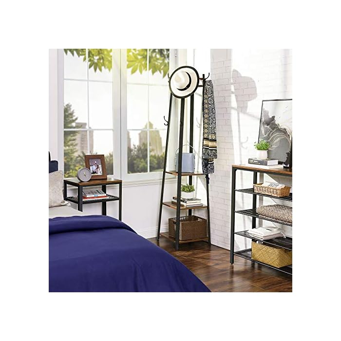 VASAGLE ALINRU Coat Rack with 3 Shelves, Stand with Hooks for Scarves
