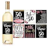 6 50th Birthday Wine Bottle Labels or Stickers Present, 1969 Bday Milestone Gifts For Her Women, Cheers to 50 Years, Funny Fifty Pink Black Gold Party Decorations Supplies For Friend, Wife, Girl, Mom