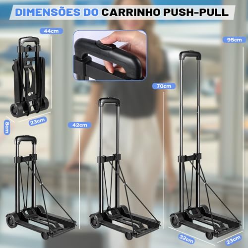Carrinho de Carga Dobrável, Carrinho Plataforma de Mão Dobrável, Ajuste de Altura em 3 Posições, Capacidade Máxima de Carga de 70 kg