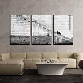 3 Piece Canvas Wall Art - The Girl and The Dog Sitting on Steps - Modern Home Art Stretched and Framed Ready to Hang - 16"x24"x3 Panels