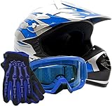 Youth Kids Offroad Gear Combo Helmet Gloves Goggles DOT Motocross ATV Dirt Bike MX Motorcycle Blue - XL