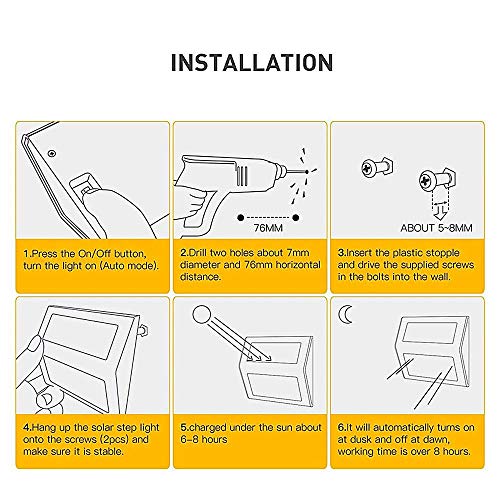 Solar Step Lights Outdoor - Amei 6 LED Solar Deck Lights, Solar Garden Lights, Solar Outdoor Lights Wall Mount, Waterproof Security Lamps for Decks Stairs Patio Pathway Fence (Warm White) (8 Pack)