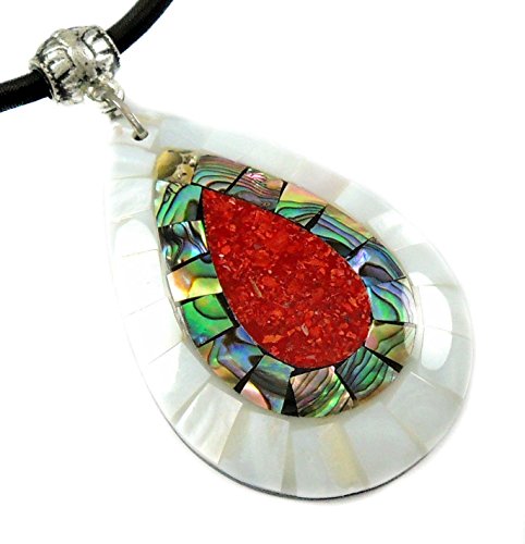Paua Abalone Shell Necklace with Red Coral and Mother of Pearl Pendant on 16 to 27 inch Adjustable Cord Jewelry CA423