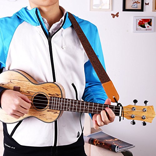 Rinastore Ukulele Strap Country Style Soft Cotton Linen & Genuine Leather Shoulder Strap for Ukulele Banjo Mandolin (Coffee-US-12)