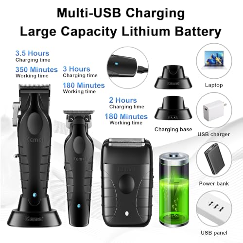 KEMEI Professional Hair Clipper for Men, Cordless T Blade, Complete Hair Cutting Kit with 11 Guides, Fast USB Rechargeable