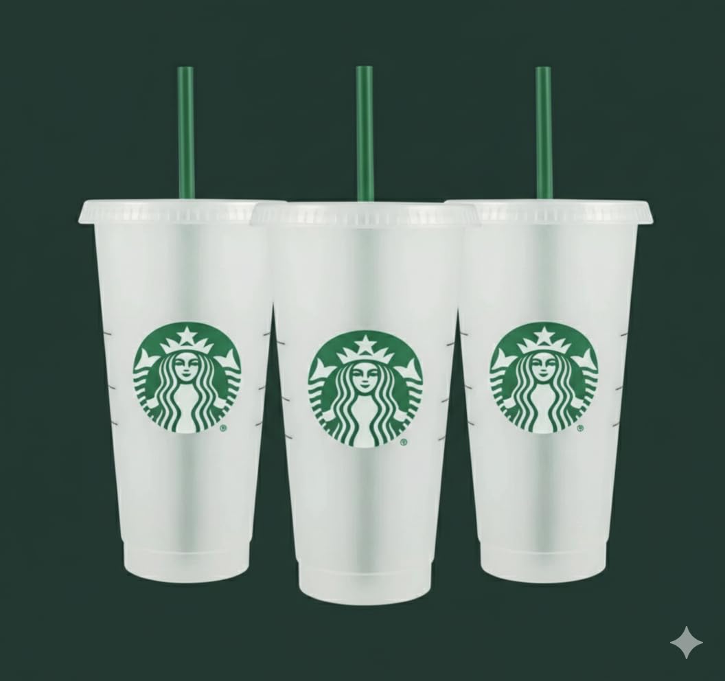 Starbucks Reusable 3 Hard Plastic Venti 24 oz Frosted Ice Cold Drink Cup with Lid and Green Straw w/Stopper