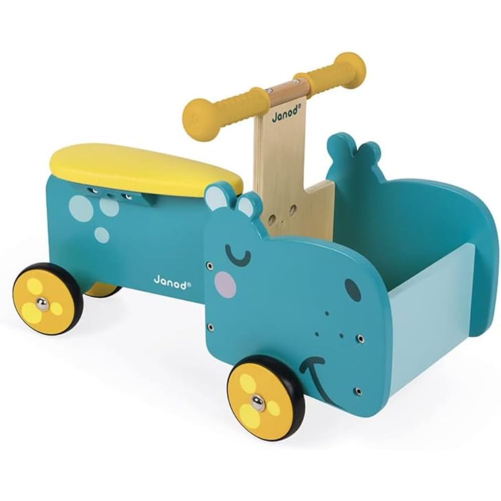 Janod - Wooden Ride-On Hippopotamus - Ergonomic Handles and Silent Wheels - With Storage Compartment - From 1 Year Old, J08003 Blue/Yellow