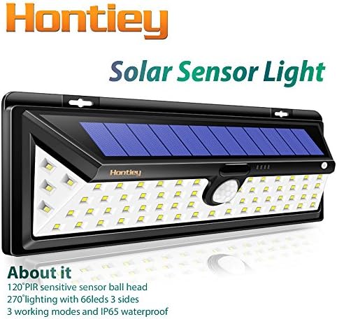 Hontiey 66 LED Solar Sensor Lights, Waterproof, Three Body Infrared Induction Super Bright Solar Wall lamp.Outdoor Lighting Such as Road Lighting, Tent, Garden, Courtyard, Park,etc.(Black - 2 Pack)