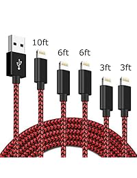 IDiSON 5Pack(3ft 3ft 6ft 6ft 10ft) iPhone Lightning Cable Apple MFi Certified Braided Nylon Fast Charger Cable Compatible iPhone Max XS XR 8 Plus 7 Plus 6s 5s 5c Air iPad Mini iPod (red+Black)